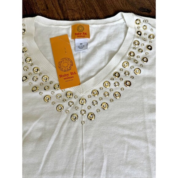 Ruby Rd. Women's Plus Size Grommet Embellished Fine Gauge Sweater Ivory Gold 3X - Picture 6 of 6